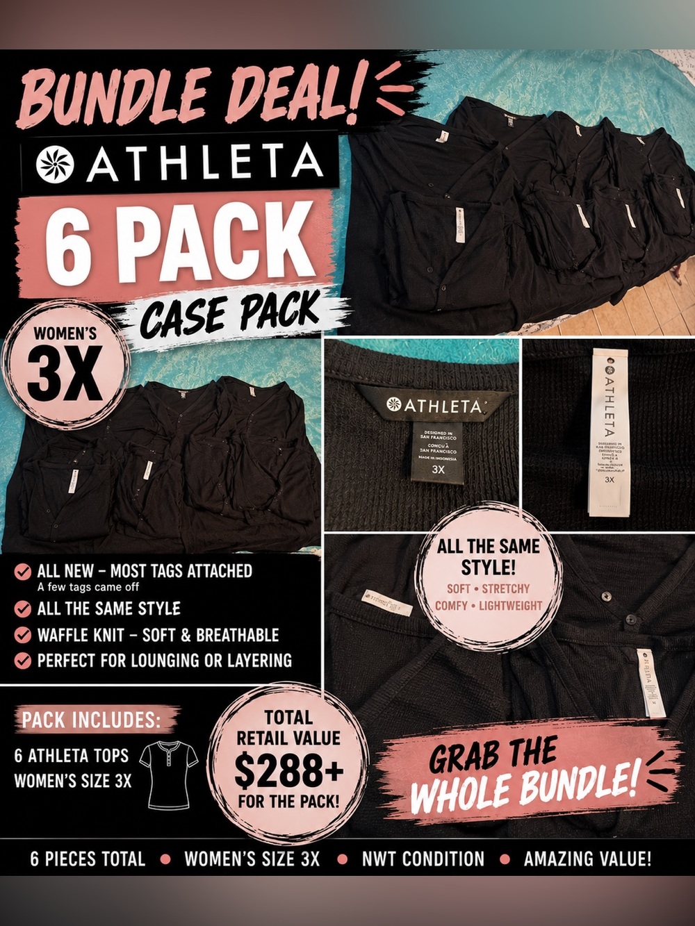 Athleta Women’s 3X Plus Black Waffle Knit Henley Long Sleeve Button Top 6Pk - Picture 5 of 5